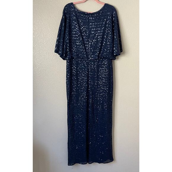Alex Evenings Dress Womens Size‎ 14 Blue Maxi Sequins Flutter Sleeve Cocktail - Picture 9 of 12
